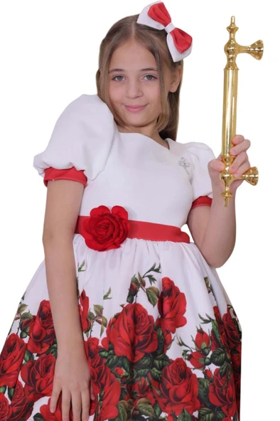 Kız Çocuk Kolları ve Beli Şerit Detaylı Karpuz Kollu Eteği Tüllü ve Gül Desenli Beyaz Elbise - Resim 8