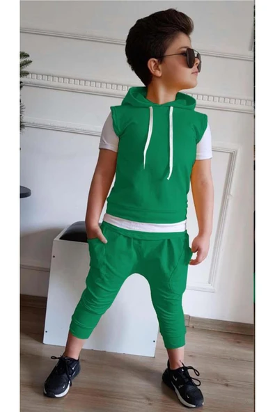 Erkek Çocuk Kapüşonlu Şerit Detaylı Kat Şerit Detaylı Sweatshirt Lastikli Yeşil Eşofman ürün görseli