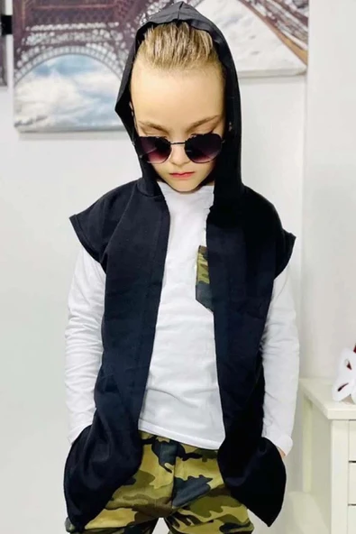 Erkek Çocuk Cep Detaylı Kazak Kolsuz Siyah Yelek Kamuflaj Detaylı Eşofman Takım - 3