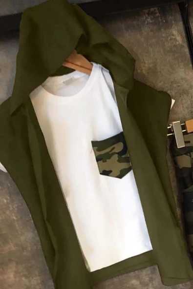 Erkek Çocuk Cep Detaylı T-shirt Kolsuz Yeşil Yelek Kamuflaj Detaylı Eşofman Takım - 2