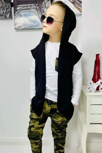 Erkek Çocuk Cep Detaylı Kazak Kolsuz Siyah Yelek Kamuflaj Detaylı Eşofman Takım