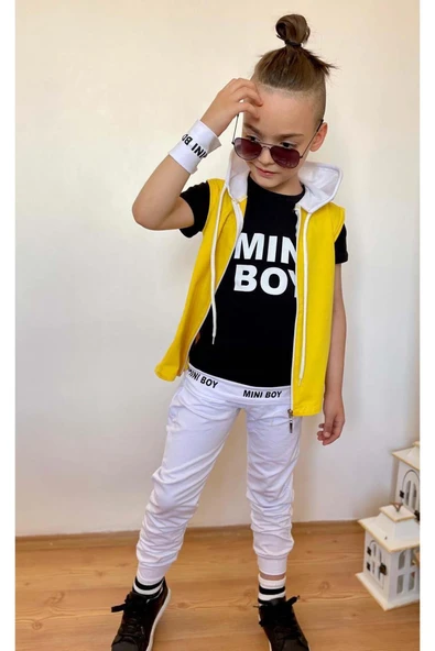 Erkek Çocuk Mini Boy Yazı ve Şerit Detaylı T-shirt Kolsuz Sarı Yelek Eşofman Takım - 2