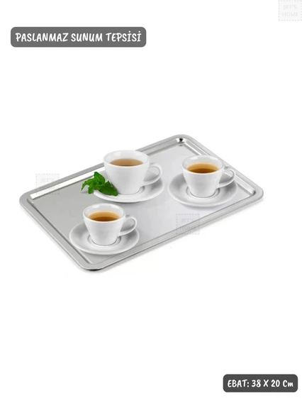 Sunum Tepsisi Paslanmaz Servis Tepsisi Çelik Çay Tepsi Kahve Tepsisi Orta Boy 38 cm