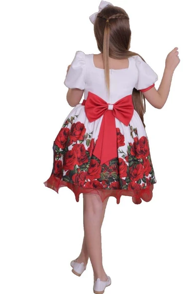 Kız Çocuk Kolları ve Beli Şerit Detaylı Karpuz Kollu Eteği Tüllü ve Gül Desenli Beyaz Elbise - Resim 9