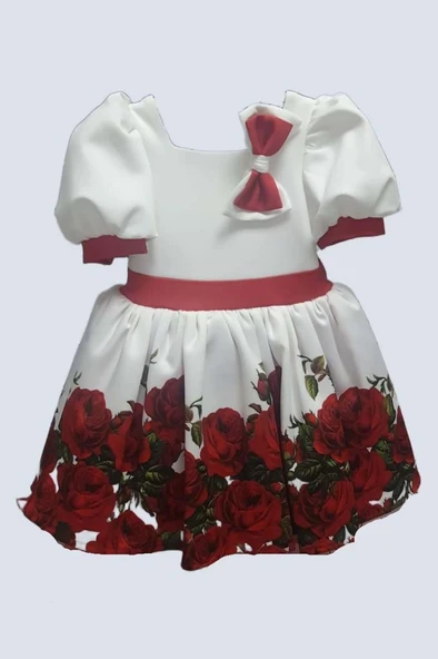 Kız Çocuk Kolları ve Beli Şerit Detaylı Karpuz Kollu Eteği Tüllü ve Gül Desenli Beyaz Elbise - Resim 4