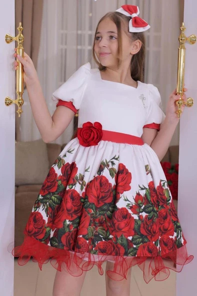 Kız Çocuk Kolları ve Beli Şerit Detaylı Karpuz Kollu Eteği Tüllü ve Gül Desenli Beyaz Elbise ürün görseli