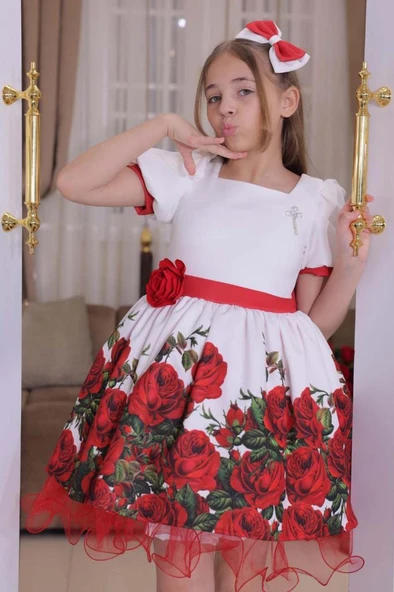 Kız Çocuk Kolları ve Beli Şerit Detaylı Karpuz Kollu Eteği Tüllü ve Gül Desenli Beyaz Elbise - Resim 3