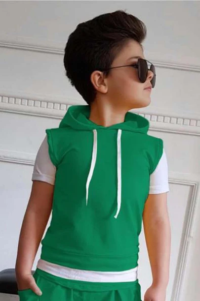 Erkek Çocuk Kapüşonlu Şerit Detaylı Kat Şerit Detaylı Sweatshirt Lastikli Yeşil Eşofman - Resim 3