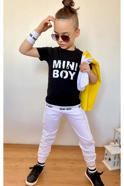 Erkek Çocuk Mini Boy Yazı ve Şerit Detaylı T-shirt Kolsuz Sarı Yelek Eşofman Takım - 3