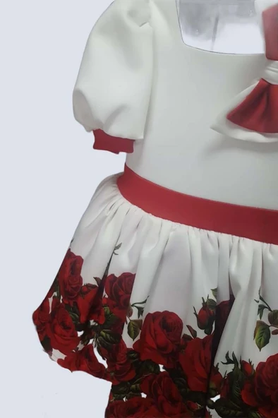 Kız Çocuk Kolları ve Beli Şerit Detaylı Karpuz Kollu Eteği Tüllü ve Gül Desenli Beyaz Elbise - Resim 6