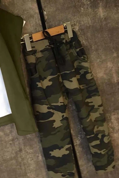 Erkek Çocuk Cep Detaylı T-shirt Kolsuz Yeşil Yelek Kamuflaj Detaylı Eşofman Takım - 3