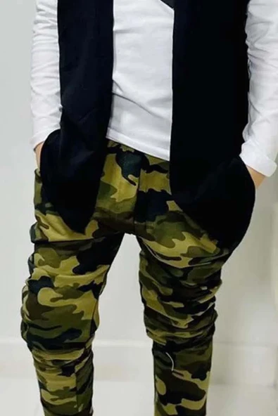 Erkek Çocuk Cep Detaylı Kazak Kolsuz Siyah Yelek Kamuflaj Detaylı Eşofman Takım - 4