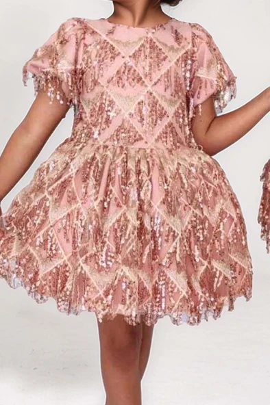 Kız Çocuk Üzeri Pulpayet İşlemeli Püsküllü Parlak Somon Elbise - Resim 3