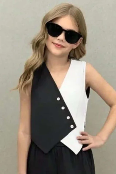 Kız Çocuk Asimetrik Kesim Çift Renk Yelek Palazzo Pantolon Siyah Alt Üst Takım - Resim 2