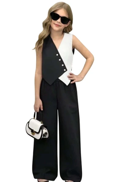 Kız Çocuk Asimetrik Kesim Çift Renk Yelek Palazzo Pantolon Siyah Alt Üst Takım - Resim 5