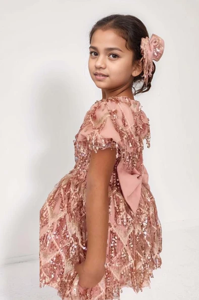 Kız Çocuk Üzeri Pulpayet İşlemeli Püsküllü Parlak Somon Elbise - Resim 2