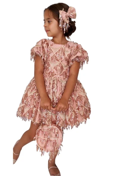 Kız Çocuk Üzeri Pulpayet İşlemeli Püsküllü Parlak Somon Elbise - Resim 5