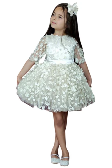 Kız Çocuk Kolları Şeffaf Tüllü ve Üzeri Papatya Motifli Beli Şerit Detaylı Krem Elbise - Resim 3