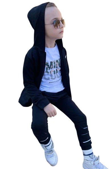 Erkek Çocuk Sırt Baskılı Minicool Yazı ve Paçaları Yırtmaç Detaylı Siyah Eşofman Takım - Resim 6