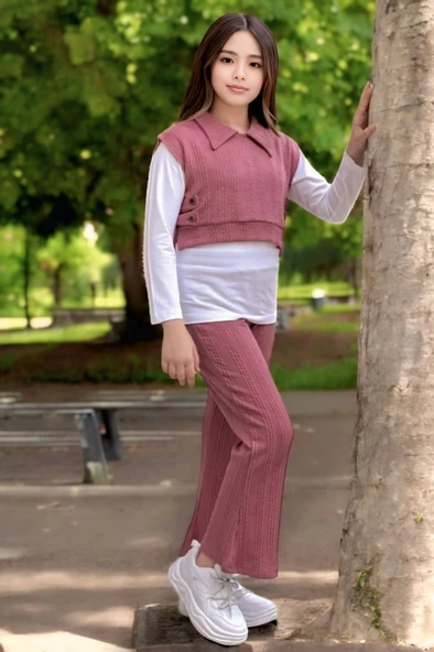 Yeni Sezon Burgu Desenli Boru Paça Kız Çocuk Pembe Renk Takım - 2