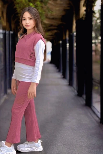 Yeni Sezon Burgu Desenli Boru Paça Kız Çocuk Pembe Renk Takım - 3