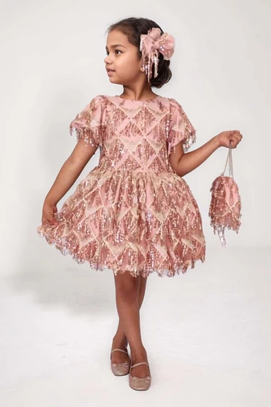 Kız Çocuk Üzeri Pulpayet İşlemeli Püsküllü Parlak Somon Elbise ürün görseli
