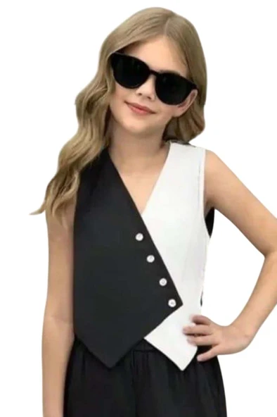 Kız Çocuk Asimetrik Kesim Çift Renk Yelek Palazzo Pantolon Siyah Alt Üst Takım - Resim 6