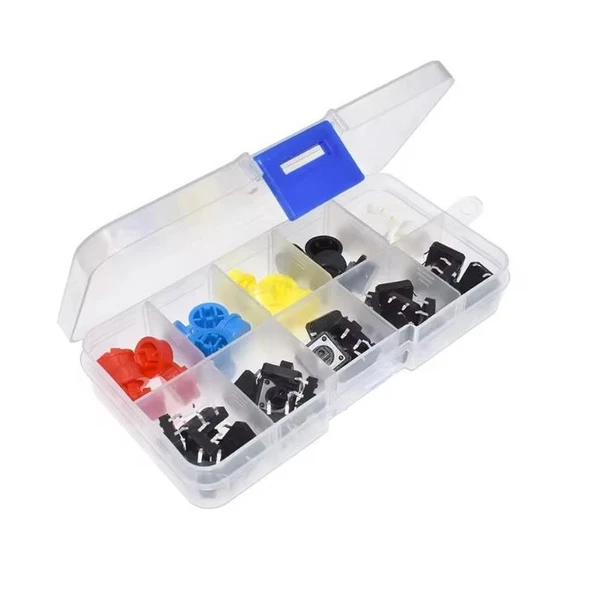 50 Parça Tact Switch Buton Seti 12x12 7,3mm Kare Dip Kılıf ve 5 Renk Kapak Plastik Çantada - 4