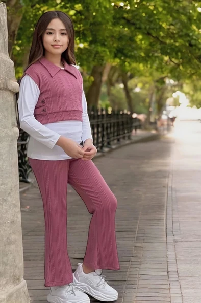 Yeni Sezon Burgu Desenli Boru Paça Kız Çocuk Pembe Renk Takım - 5