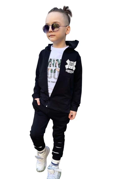 Erkek Çocuk Sırt Baskılı Minicool Yazı ve Paçaları Yırtmaç Detaylı Siyah Eşofman Takım - Resim 5