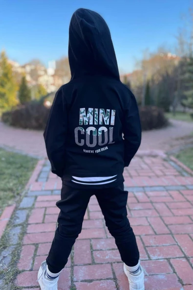 Erkek Çocuk Sırt Baskılı Minicool Yazı ve Paçaları Yırtmaç Detaylı Siyah Eşofman Takım - Resim 3