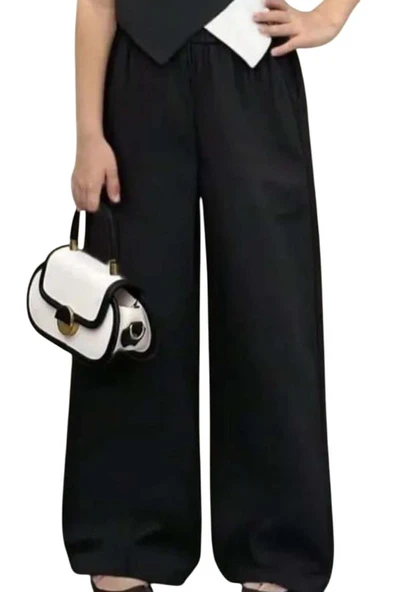 Kız Çocuk Asimetrik Kesim Çift Renk Yelek Palazzo Pantolon Siyah Alt Üst Takım - Resim 7