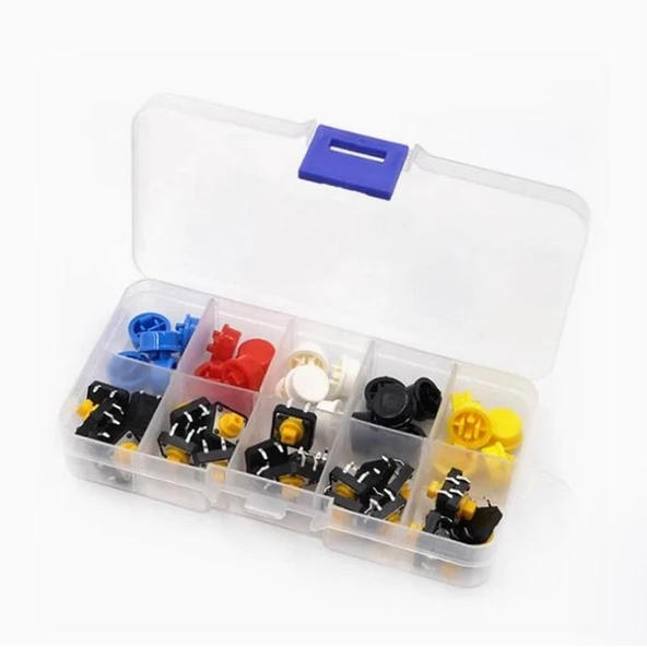 50 Parça Tact Switch Buton Seti 12x12 7,3mm Kare Dip Kılıf ve 5 Renk Kapak Plastik Çantada - 2