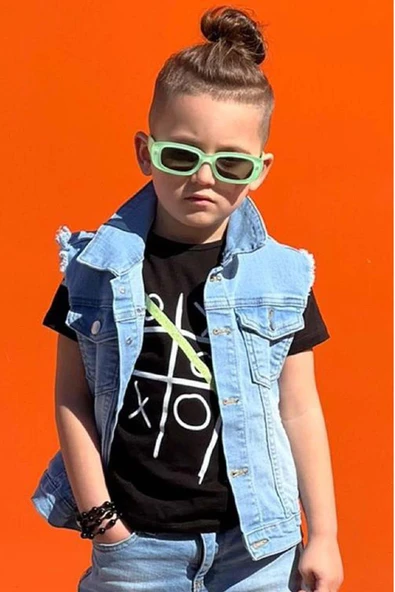 Erkek Çocuk Sırt Baskılı Sıfır Kol Jean Ceket Xox Detaylı T-shirt Jean Alt Üst Takım - 3