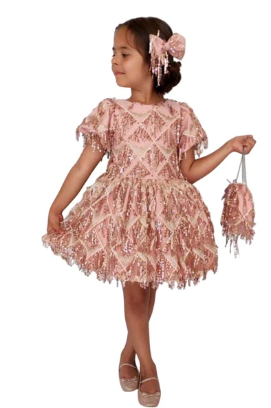 Kız Çocuk Üzeri Pulpayet İşlemeli Püsküllü Parlak Somon Elbise - Resim 4