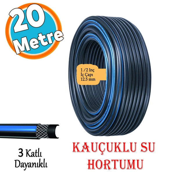 Kauçuklu Termo Bahçe Hortumu 20 Metre Dayanıklı 3 Katlı Sağlam Su Sulama Yıkama Hortum 12.5 mm 1/2"
