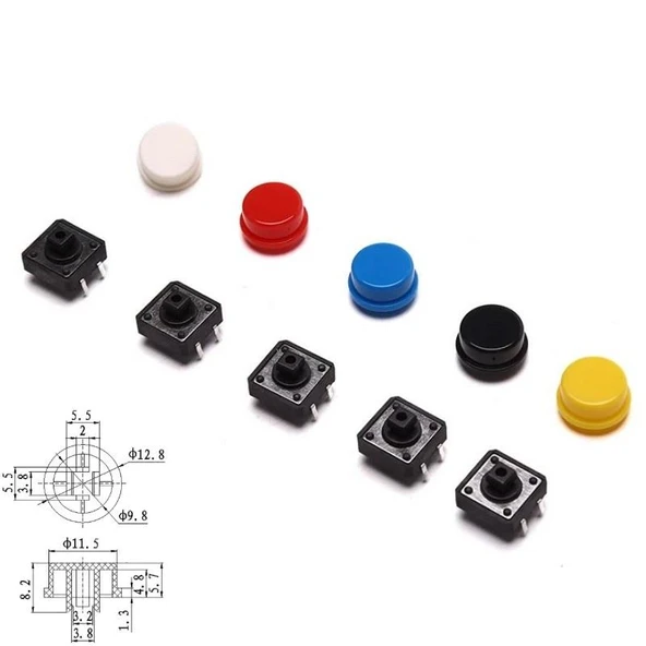 50 Parça Tact Switch Buton Seti 12x12 7,3mm Kare Dip Kılıf ve 5 Renk Kapak Plastik Çantada - 3