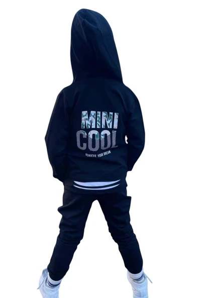 Erkek Çocuk Sırt Baskılı Minicool Yazı ve Paçaları Yırtmaç Detaylı Siyah Eşofman Takım - Resim 7