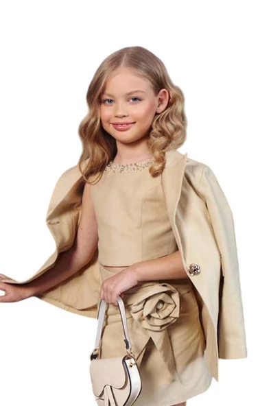 Kız Çocuk Sıfır Kol İnci İşlemeli Crop Asimetrik Kesim Broşlu Keten Bej Etekli Takım - Resim 11