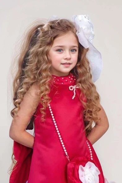 Kız Çocuk Dik Yaka İnci Detaylı Sıfır Kol Eteği 3D Gül İşlemeli Slim Kesim Fuşya Elbise - Resim 3