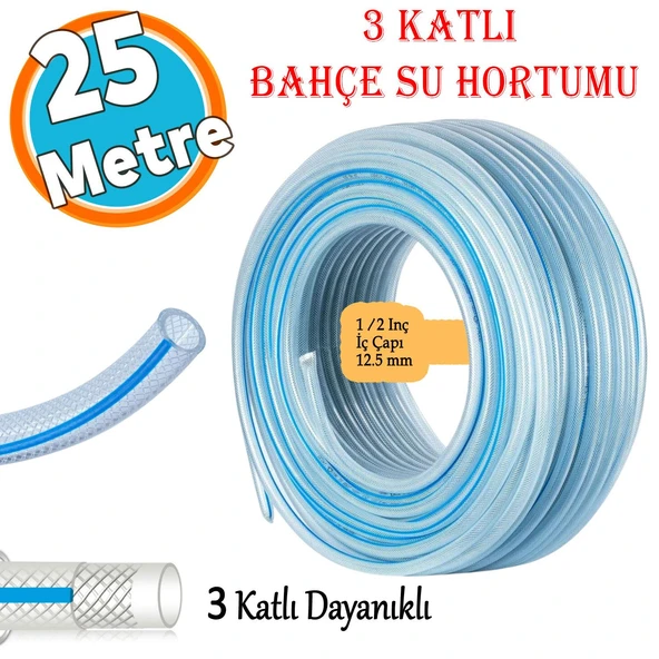 25 Metre Örgülü Şeffaf Bahçe Hortumu Dayanıklı 3 Katlı Sağlam Çeşme Su Sulama Yıkama Hortum 12.5 mm 1/2"