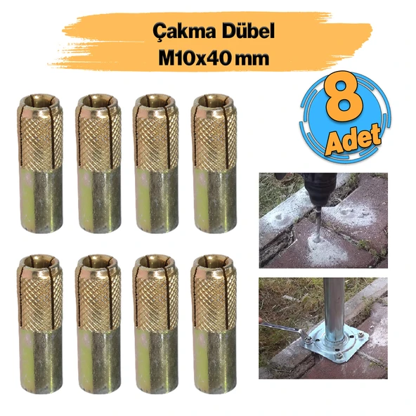 Çakma Çelik Dübel İç Dişli M10x40 mm Raf İskele Montaj Bağlantı Monte Asma Aparatı 8 Adet