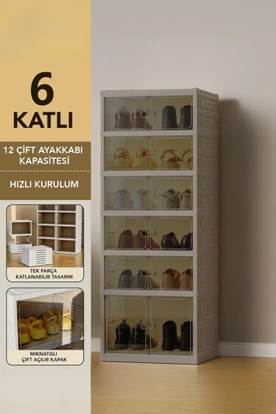 Piev Pratik 6 Katlı 12 Çift Ayakkabı Kapasiteli Mıknatıslı Çift Açılır Kapaklı Toz Geçirmez Ayakkabılık Cappuccino