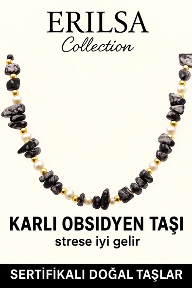 Sertifikalı Kırık Taşlı Model İnci - Karlı Obsidyen Taşı Kolye - Resim 2