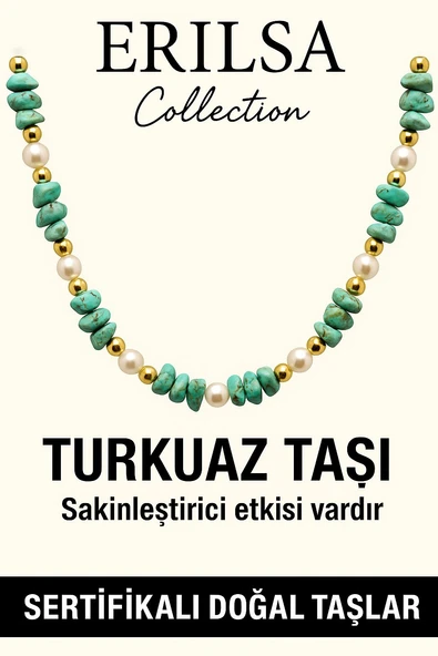 Sertifikalı Kırık Taşlı Model İnci - Firuze Taşı Kolye - (Turkuaz)