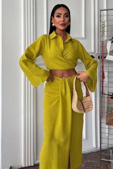 Crop Gömlekli Ve Eteği Büzgülü Tasarım Takım 10195 - 2