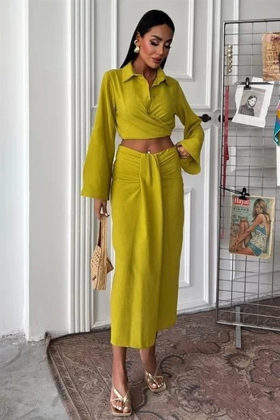 Crop Gömlekli Ve Eteği Büzgülü Tasarım Takım 10195