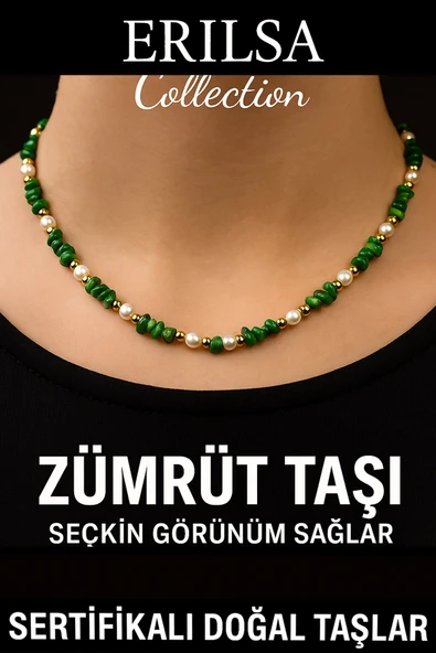 Sertifikalı Kırık Taşlı Model İnci - Zümrüt Taşı Kolye