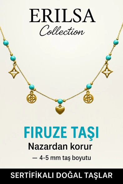 Sertifikalı Gold Firuze - Turkuaz Taşı Şans Charm Kolye - Işıltı Serisi - 2