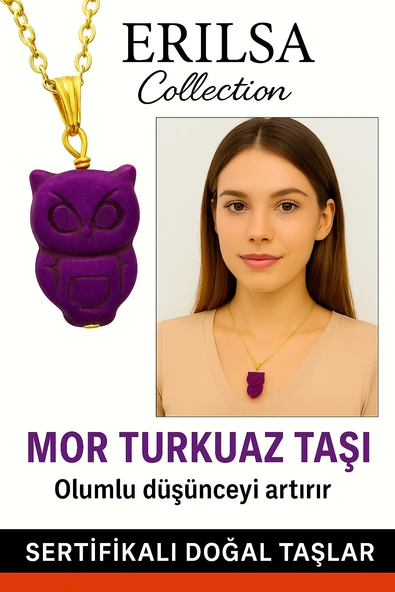 Sertifikalı Gold Baykuş Model Mor Turkuaz Taşı Kolye Ruhsal İletişimi Güçlendirir
